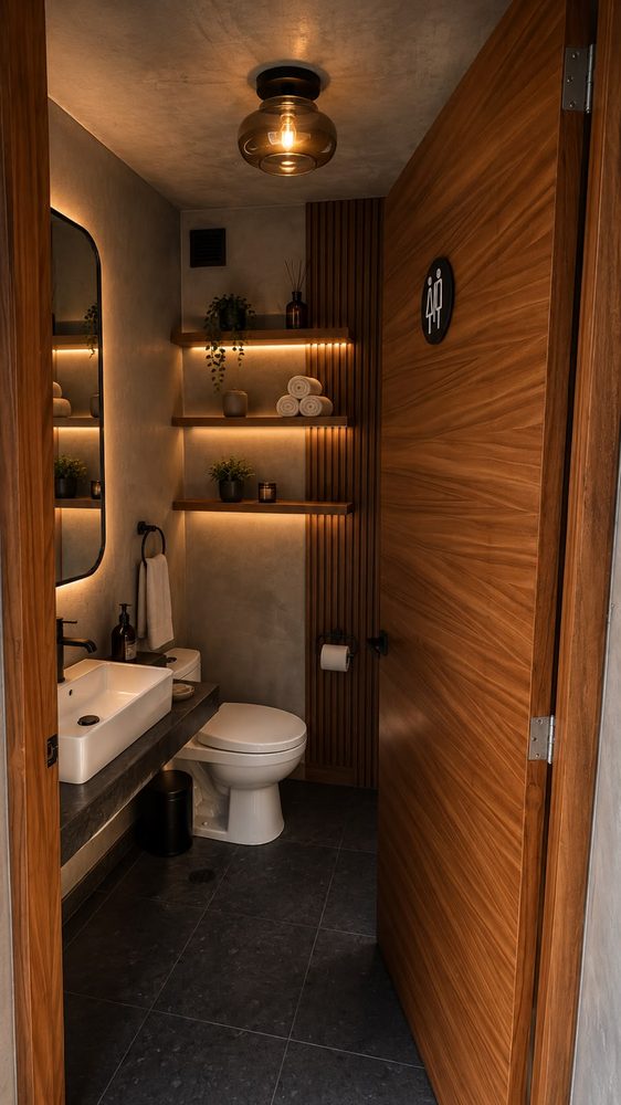 Ba�o con repisas iluminadas y puerta de madera