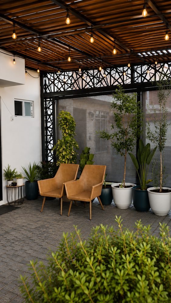Patio con p�rgola de madera y herrer�a decorativa